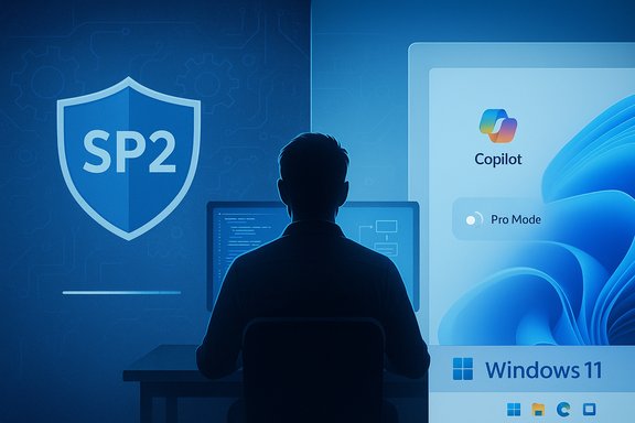 Silhouette at a workstation with SP2 shield and Windows 11 Copilot branding.