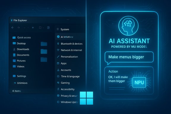 Neon blue UI featuring an AI assistant powered by MU model beside a Windows File Explorer panel.