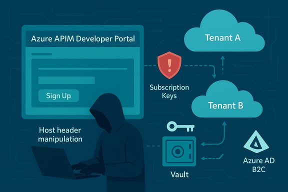 A hooded figure at a laptop beside an Azure APIM diagram showing tenants, keys, and vault.