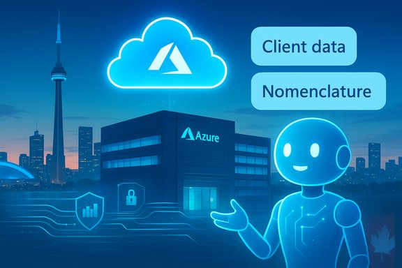 Azure cloud data center glowing in neon, with a friendly robot and data labels.