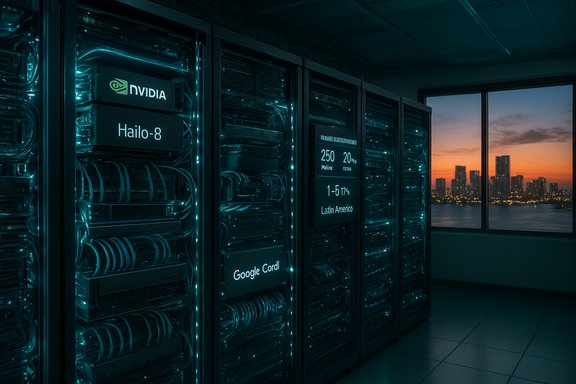 NVIDIA data center racks glow cyan in a server room, with a city skyline at sunset through the window.