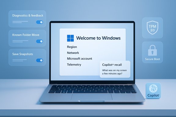 Laptop displaying Windows Welcome screen with floating diagnostics, security, and Copilot panels.