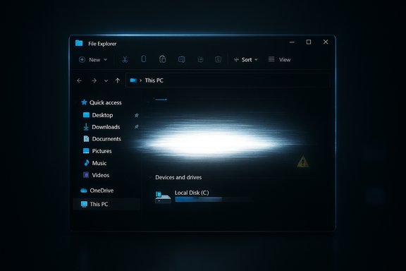 Cyberpunk-inspired Windows File Explorer with blue glow and a bright horizontal light streak.