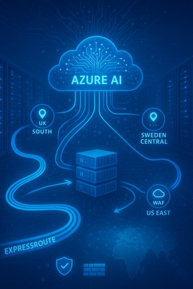 Azure AI cloud connects UK South, Sweden Central, and US East data centers via ExpressRoute.