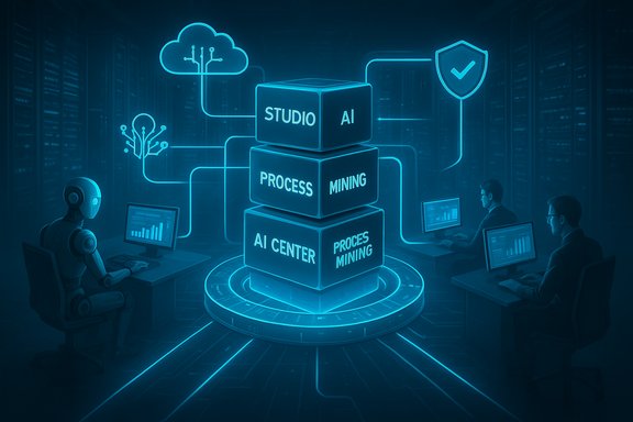 Neon-blue AI studio and process mining hub in a high-tech data center.