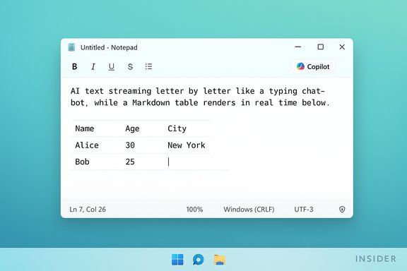 A Notepad-style window shows AI text streaming and a live Markdown table.