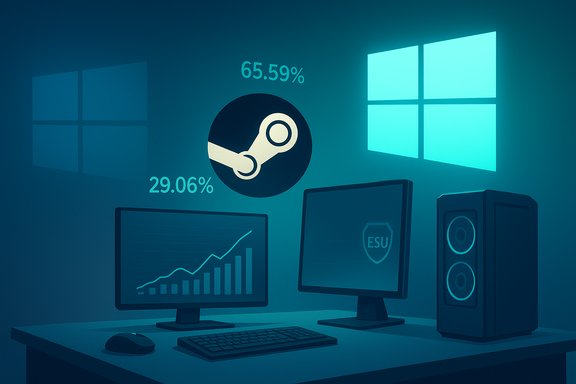 Blue-tinted desk setup with Steam and Windows logos on the wall and dual monitors showing a graph.