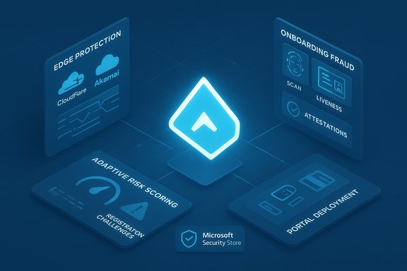 Gleaming central security shield floats above blue dashboards for edge protection, onboarding fraud, risk scoring, and deployment.