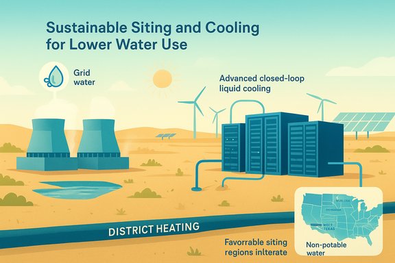 Illustration of sustainable data-center cooling using non-potable water, wind, and solar energy.