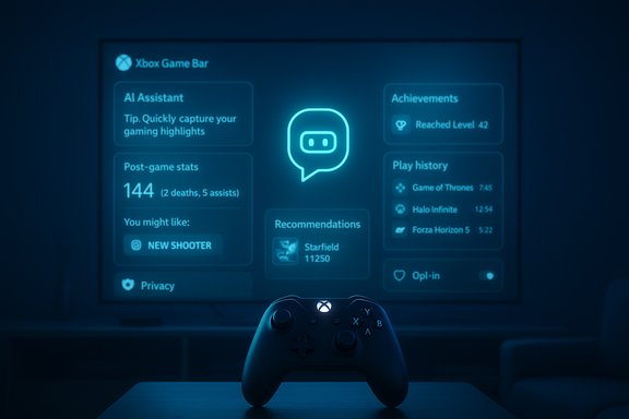 Glowing AI assistant UI on Xbox Game Bar with a controller in the foreground.