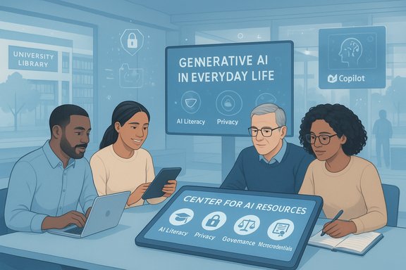 Diverse team discusses AI literacy and privacy resources at a university center.