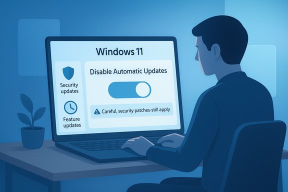 A person disables Windows 11 automatic updates on a laptop.