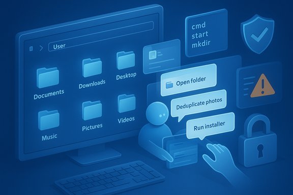 Blue illustration of a computer desktop with folders and pop-up actions like Open folder.