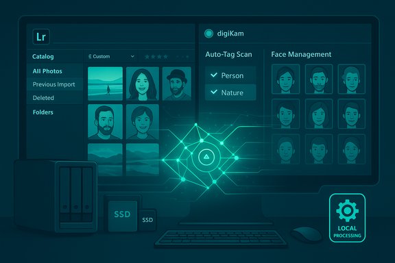 Futuristic photo-editing suite showing portraits, auto-tagging, and local processing.