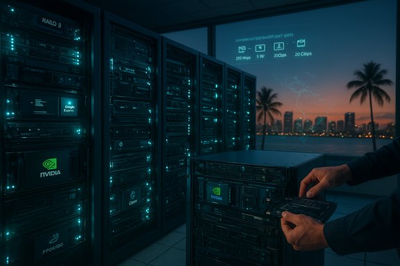 Rows of server racks glow turquoise in a data center as a technician handles NVIDIA GPUs.
