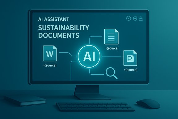 AI assistant visualizes sustainability documents workflow on a computer monitor.