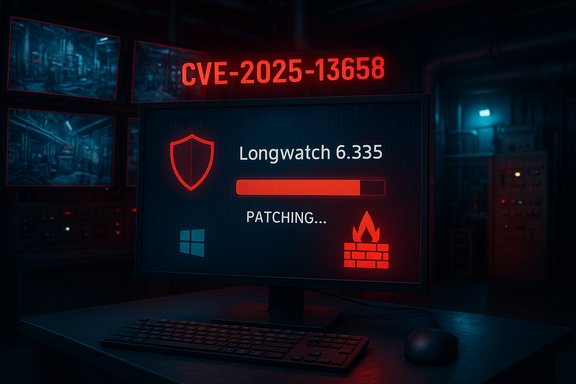 Dim control room where a monitor patches Longwatch 6.335 for CVE-2025-13658, progress bar glowing red.