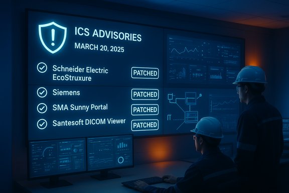 Two workers analyze an ICS advisories board showing patched statuses for industrial systems.