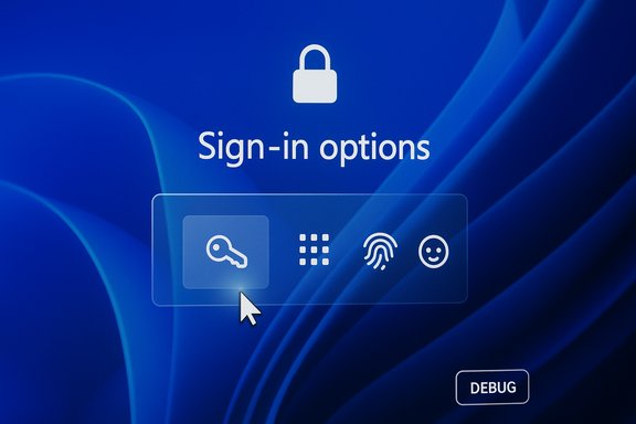 Windows sign-in options screen showing password, PIN, fingerprint, and face recognition icons.