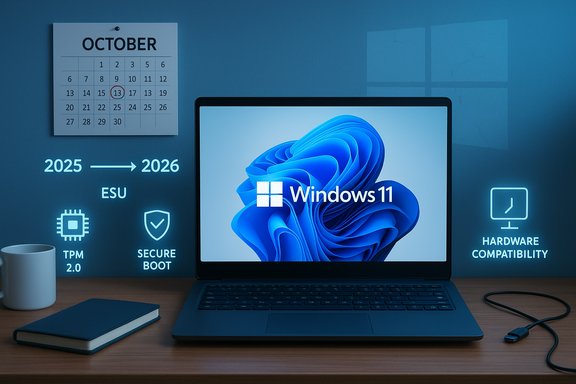 Windows 11 laptop on a desk with glowing hardware icons, a calendar, and 2025–2026 transition.