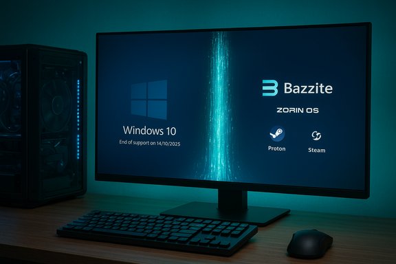 A desktop monitor shows Windows 10 end-of-support beside Bazzite Zorin OS and Proton/Steam icons.