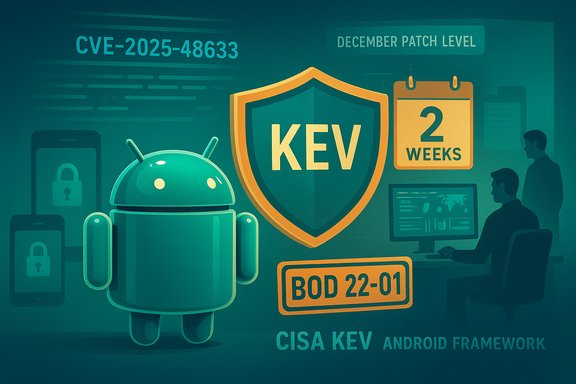Android robot beside a KEV shield in a cybersecurity-themed infographic.