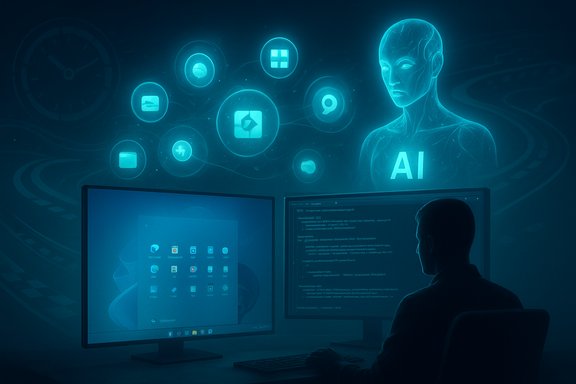A coder at dual monitors works as a blue holographic AI figure looms in the background.