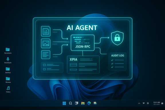 Neon blue holographic AI agent schematic showing JSON-RPC flow and an audit log.