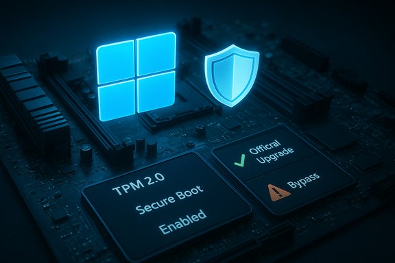 Blue Windows logo and shield glow over a motherboard, highlighting TPM 2.0 and Secure Boot.
