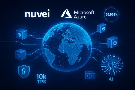 Blue digital globe with interconnected network lines, Azure and Nuvei logos, AI motif, and 10k TPS. Blue digital globe with interconnected network lines, Azure and Nuvei logos, AI motif, and 10k TPS.