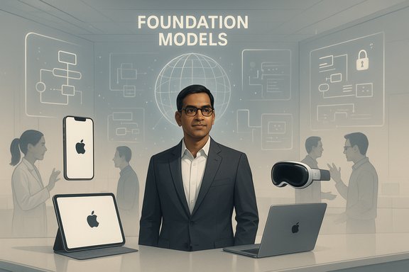 A man in a suit at a tech expo about foundation models, with Apple devices nearby.