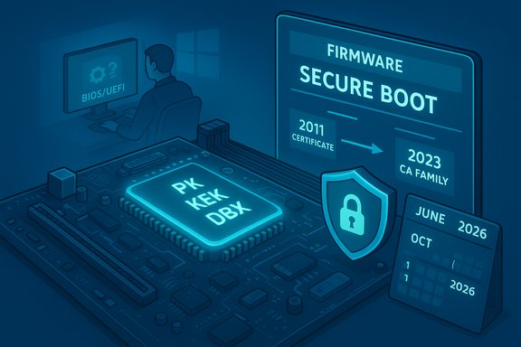 A circuit-board motherboard with a secure-boot firmware display and BIOS/UEFI icons.