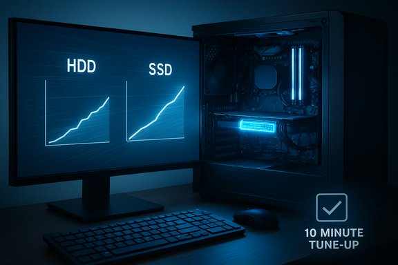 Blue-lit PC setup with monitor showing HDD vs SSD graphs and a 10-minute tune-up badge.
