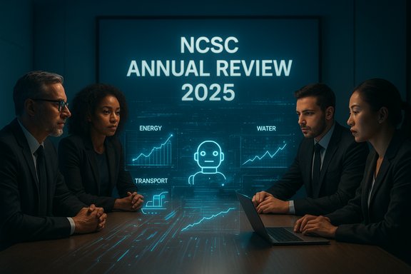 Executives discuss the NCSC Annual Review 2025 with holographic energy, water, and transport data.
