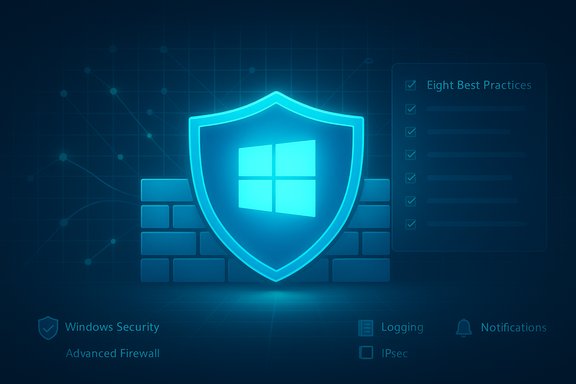Glowing blue Windows security shield over a brick firewall with a security dashboard.