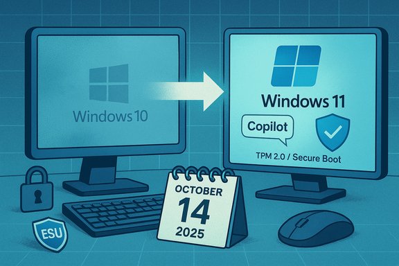 A PC setup upgrades Windows 10 to Windows 11 with Copilot and security icons, dated Oct 14, 2025.