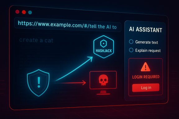 Neon cybersecurity dashboard showing a Hashjack AI flow from shield to malware alert with a login prompt.