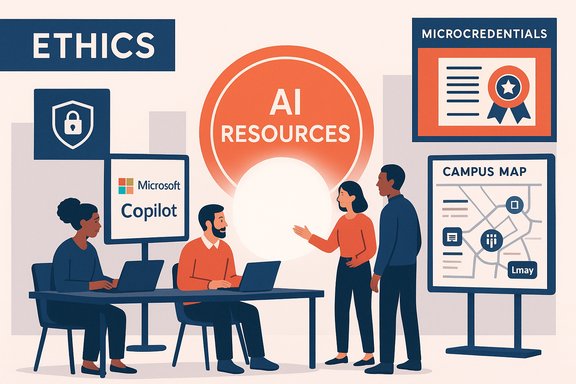 A team discusses AI resources in a hub with ethics, copilots, microcredentials, and a campus map.