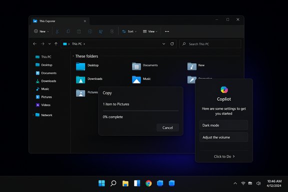 Dark Windows 11 File Explorer showing a Copy progress dialog and a Copilot setup panel.
