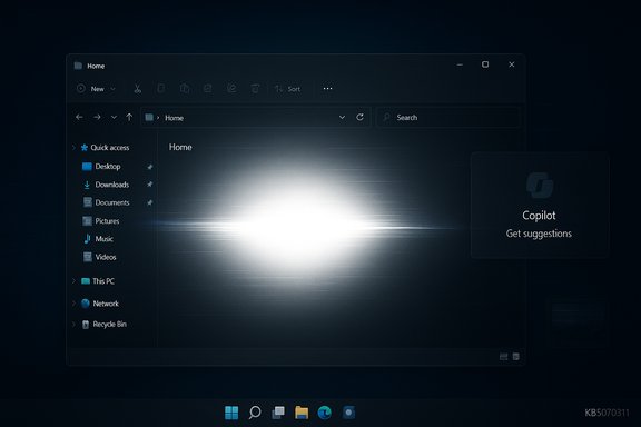 Dark Windows-style desktop showing a glowing File Explorer window with a Copilot panel.