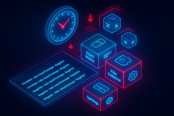 Neon isometric illustration of a clock and modular UI blocks labeled Start Menu, File Explorer, and Settings.