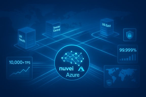 Blue futuristic network diagram of Nuvei Azure connecting global regions with security and performance metrics.
