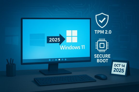 Desk setup shows Windows 11 coming in 2025 with TPM 2.0 and Secure Boot. Desk setup shows Windows 11 coming in 2025 with TPM 2.0 and Secure Boot.