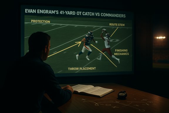 A coach analyzes Evan Engram's 41-yard OT catch diagram projected on a screen.