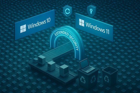 Windows 10 and Windows 11 banners flank a glowing 'Extended Security' gate on a conveyor.