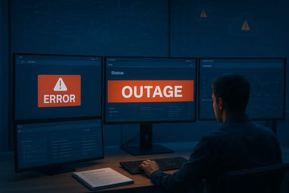 IT technician monitors multiple screens displaying ERROR and OUTAGE alerts.