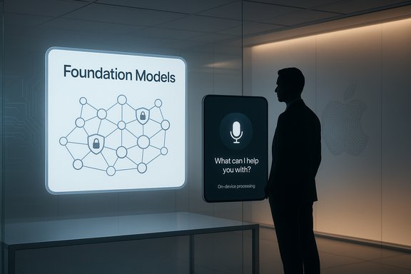 A person in a suit stands before a futuristic exhibit about Foundation Models and on-device AI.