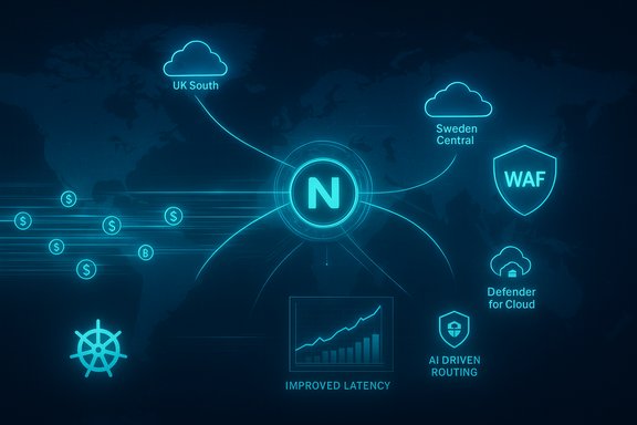 Neon global network map centered on N, linking cloud regions, WAF, and AI-driven routing.