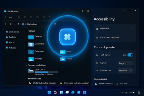 Windows 11 File Explorer with a neon blue glow around a central icon and a right-side Accessibility panel.