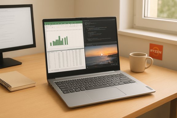 A laptop on a tidy desk shows split-screen work: chart in Excel, code, and a video, with a mug nearby.